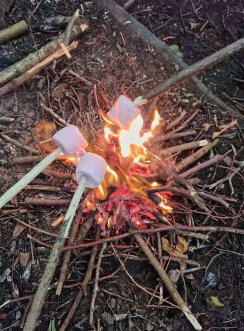 Children roasting marshmallows over a campfire outdoors