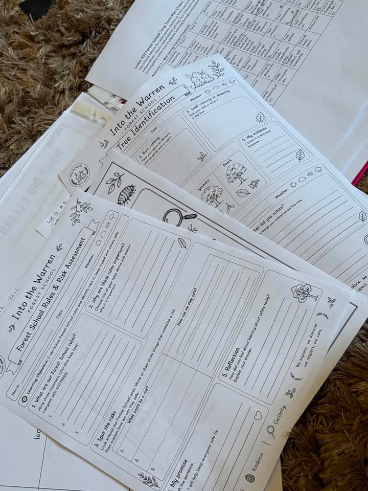 Into the Warren Forest School worksheets including tree identification and risk assessment sheets
